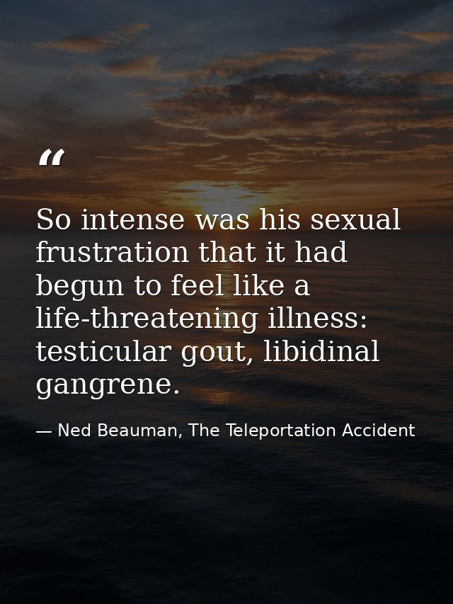 So intense was his sexual frustration that it had begun to feel like a life-threatening illness: testicular gout, libidi — Ned Beauman, The Teleportation Accident
