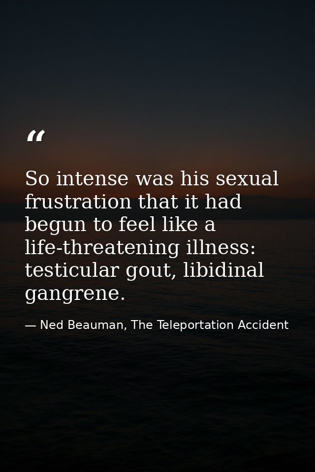 So intense was his sexual frustration that it had begun to feel like a life-threatening illness: testicular gout, libidi — Ned Beauman, The Teleportation Accident