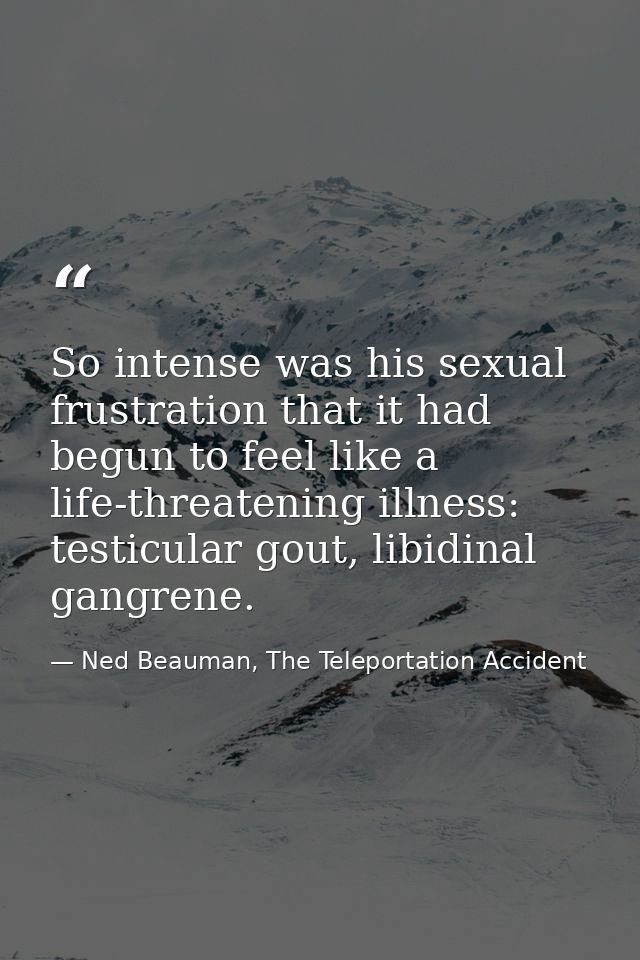 So intense was his sexual frustration that it had begun to feel like a life-threatening illness: testicular gout, libidi — Ned Beauman, The Teleportation Accident