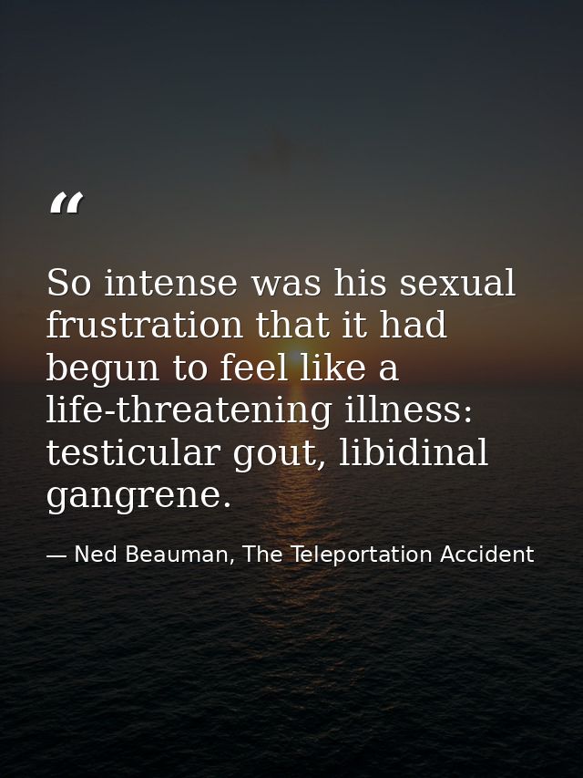 So intense was his sexual frustration that it had begun to feel like a life-threatening illness: testicular gout, libidi — Ned Beauman, The Teleportation Accident