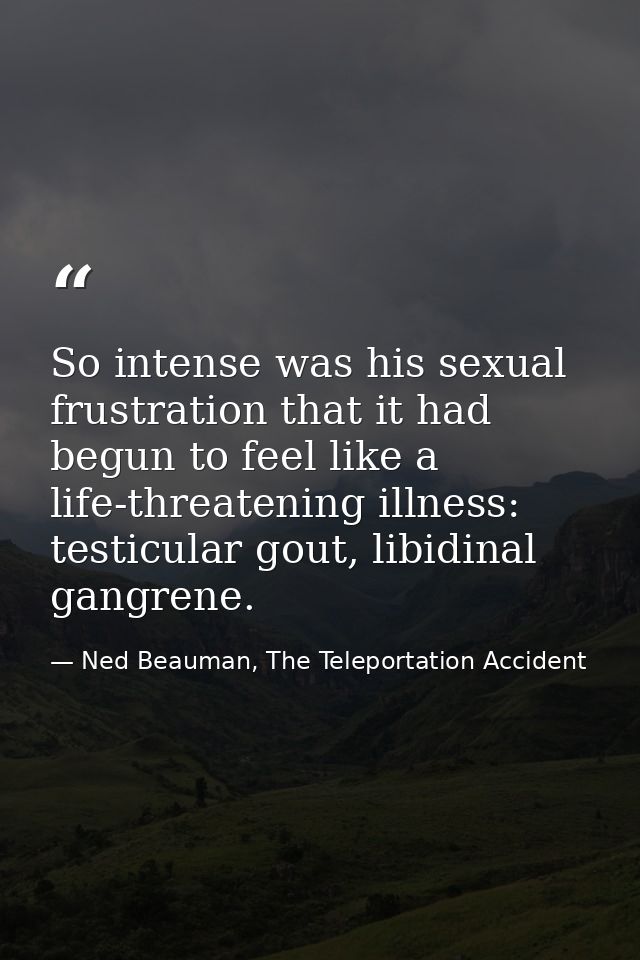 So intense was his sexual frustration that it had begun to feel like a life-threatening illness: testicular gout, libidi — Ned Beauman, The Teleportation Accident