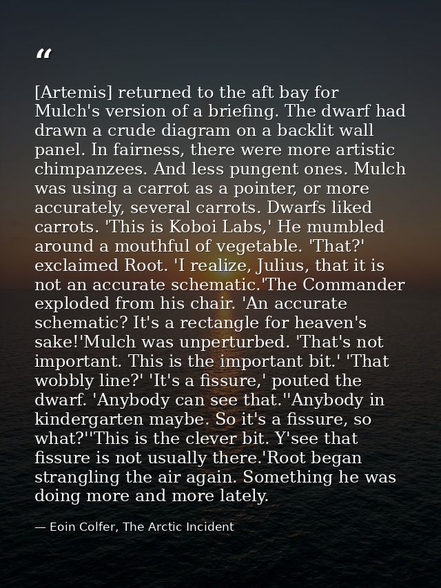 [Artemis] returned to the aft bay for Mulch's version of a briefing. The dwarf had drawn a crude diagram on a backlit wa — Eoin Colfer, The Arctic Incident
