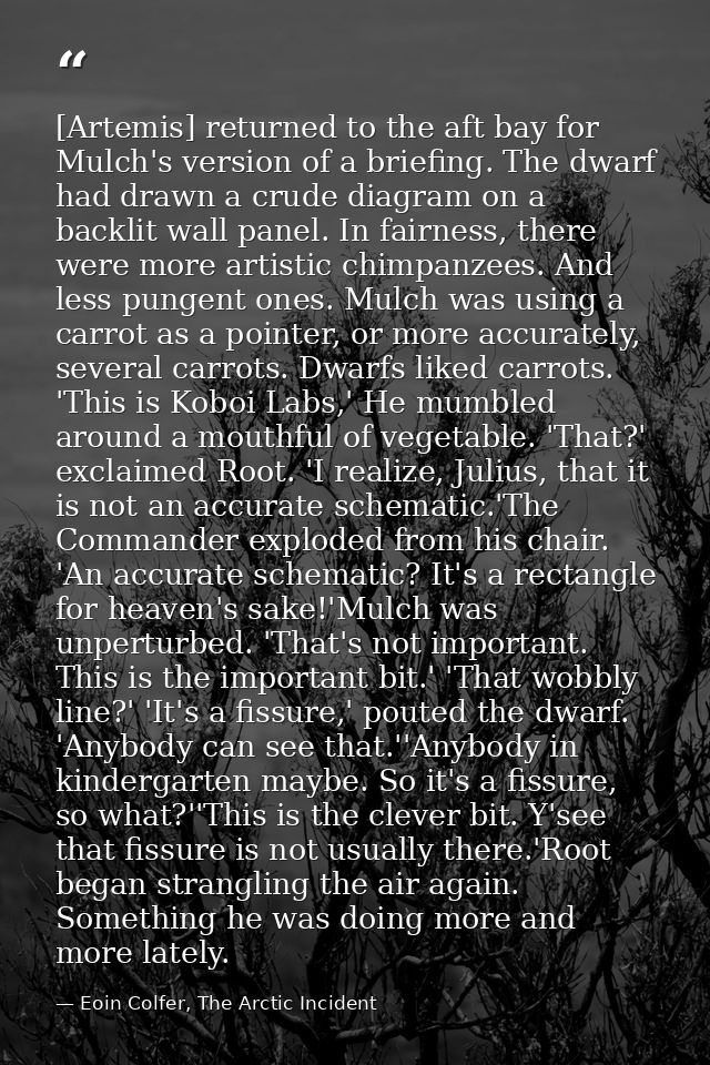 [Artemis] returned to the aft bay for Mulch's version of a briefing. The dwarf had drawn a crude diagram on a backlit wa — Eoin Colfer, The Arctic Incident