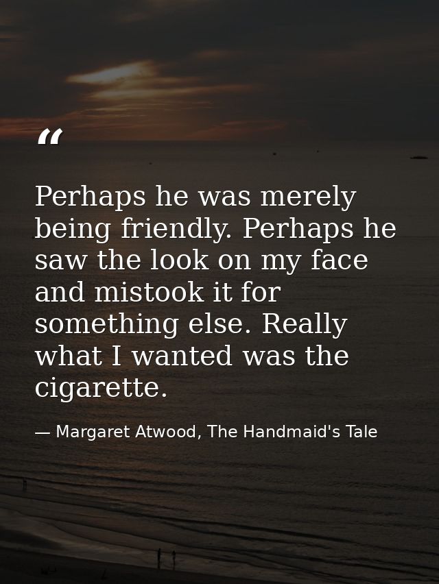 Perhaps he was merely being friendly. Perhaps he saw the look on my face and mistook it for something else. Really what  — Margaret Atwood, The Handmaid's Tale