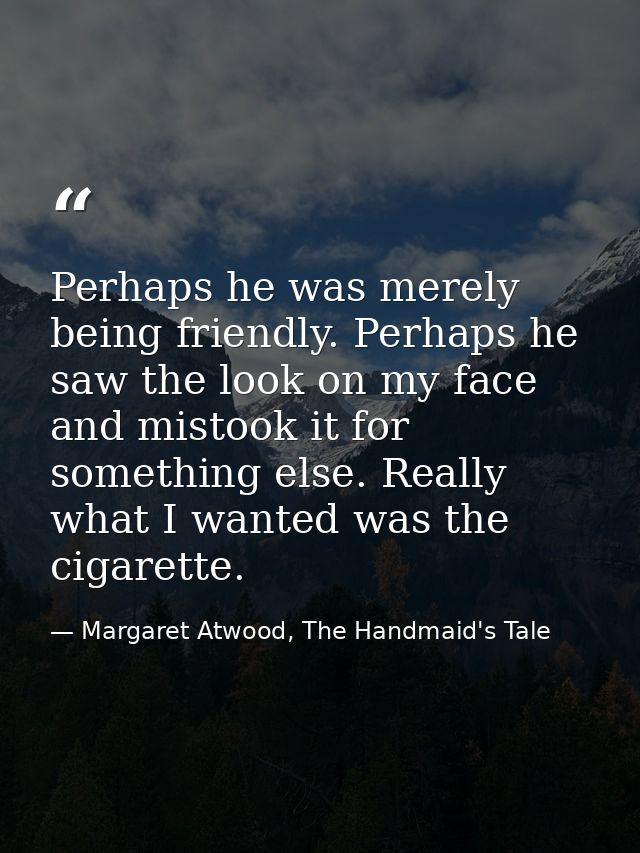 Perhaps he was merely being friendly. Perhaps he saw the look on my face and mistook it for something else. Really what  — Margaret Atwood, The Handmaid's Tale