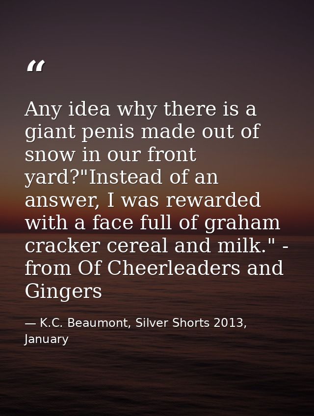 Any idea why there is a giant penis made out of snow in our front yard?"Instead of an answer, I was rewarded with a face — K.C. Beaumont, Silver Shorts 2013, January
