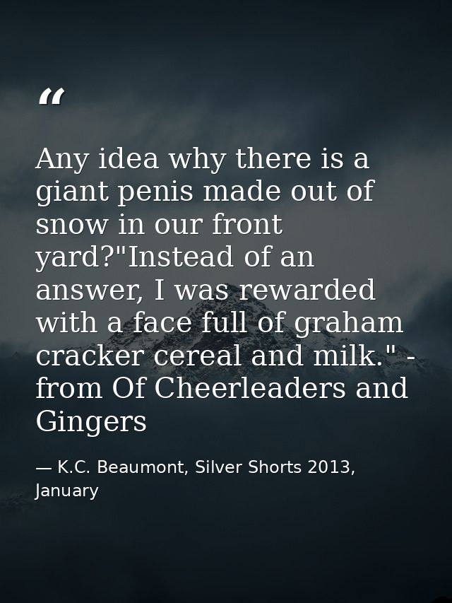 Any idea why there is a giant penis made out of snow in our front yard?"Instead of an answer, I was rewarded with a face — K.C. Beaumont, Silver Shorts 2013, January