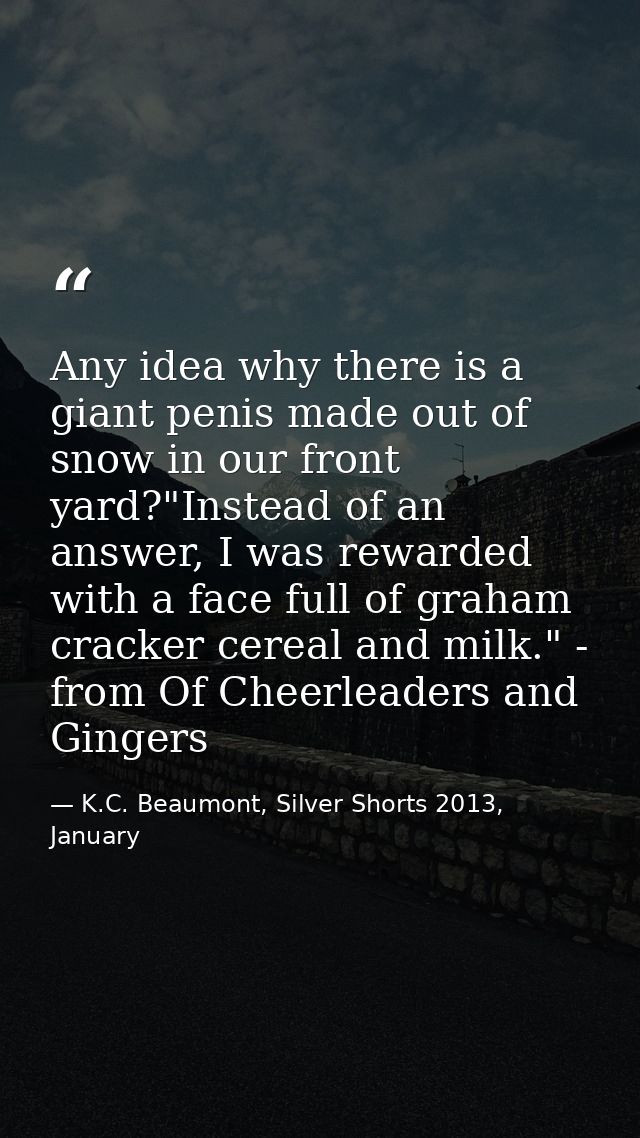 Any idea why there is a giant penis made out of snow in our front yard?"Instead of an answer, I was rewarded with a face — K.C. Beaumont, Silver Shorts 2013, January