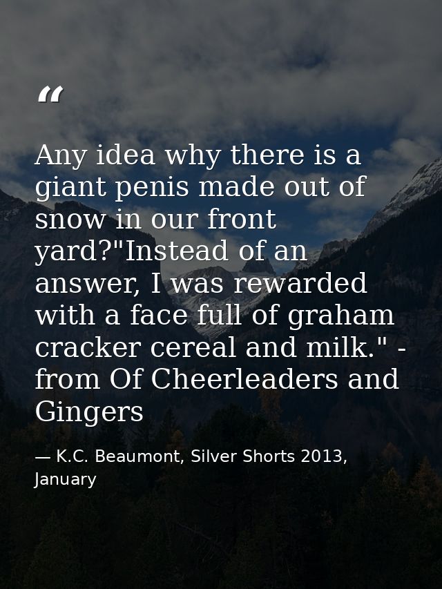 Any idea why there is a giant penis made out of snow in our front yard?"Instead of an answer, I was rewarded with a face — K.C. Beaumont, Silver Shorts 2013, January