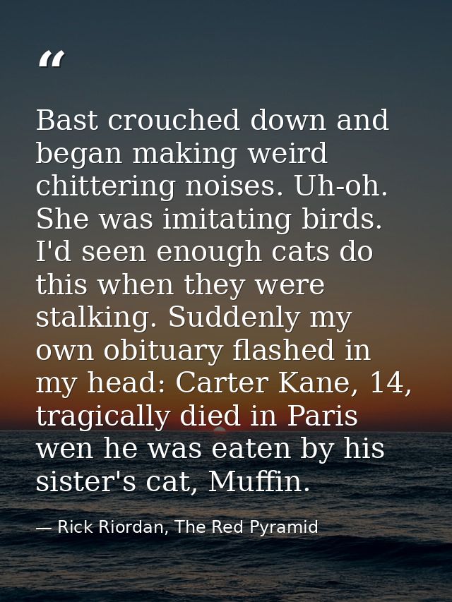 Bast crouched down and began making weird chittering noises. Uh-oh. She was imitating birds. I'd seen enough cats do thi — Rick Riordan, The Red Pyramid