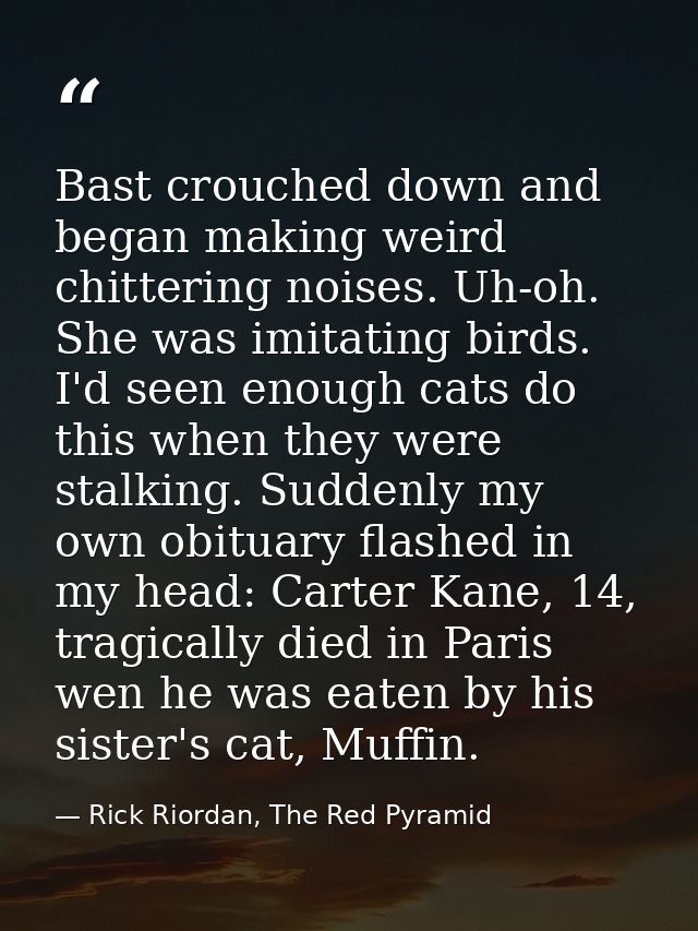Bast crouched down and began making weird chittering noises. Uh-oh. She was imitating birds. I'd seen enough cats do thi — Rick Riordan, The Red Pyramid