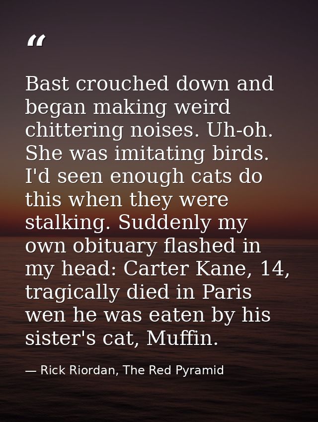 Bast crouched down and began making weird chittering noises. Uh-oh. She was imitating birds. I'd seen enough cats do thi — Rick Riordan, The Red Pyramid