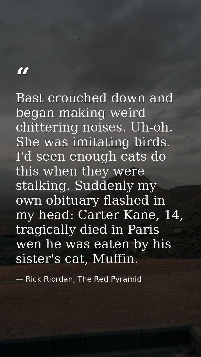Bast crouched down and began making weird chittering noises. Uh-oh. She was imitating birds. I'd seen enough cats do thi — Rick Riordan, The Red Pyramid