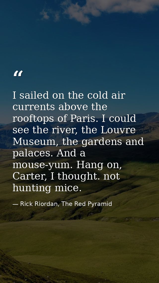 I sailed on the cold air currents above the rooftops of Paris. I could see the river, the Louvre Museum, the gardens and — Rick Riordan, The Red Pyramid