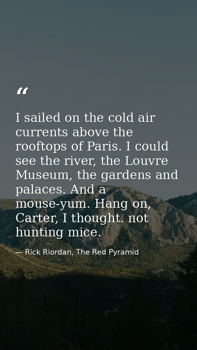 I sailed on the cold air currents above the rooftops of Paris. I could see the river, the Louvre Museum, the gardens and — Rick Riordan, The Red Pyramid