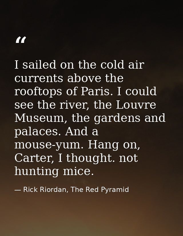 I sailed on the cold air currents above the rooftops of Paris. I could see the river, the Louvre Museum, the gardens and — Rick Riordan, The Red Pyramid