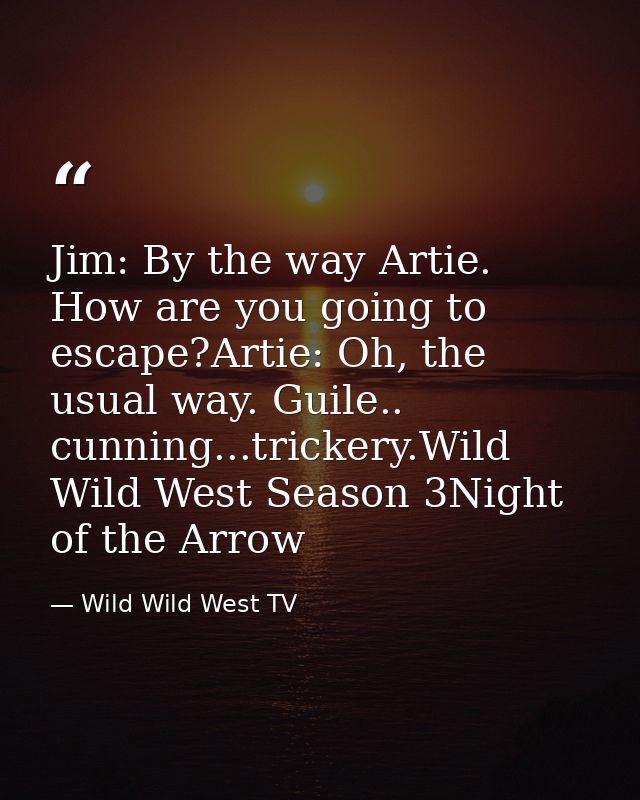 Jim: By the way Artie. How are you going to escape?Artie: Oh, the usual way. Guile.. cunning...trickery.Wild Wild West S — Wild Wild West TV