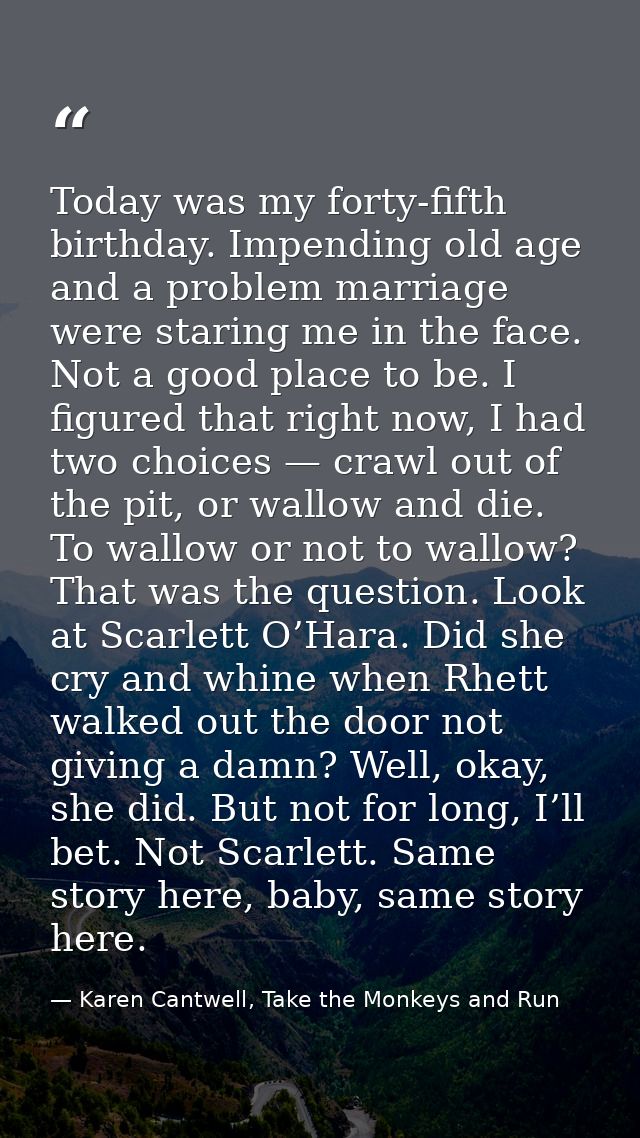 Today was my forty-fifth birthday. Impending old age and a problem marriage were staring me in the face. Not a good plac — Karen Cantwell, Take the Monkeys and Run