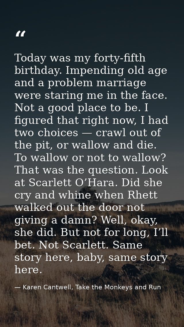 Today was my forty-fifth birthday. Impending old age and a problem marriage were staring me in the face. Not a good plac — Karen Cantwell, Take the Monkeys and Run