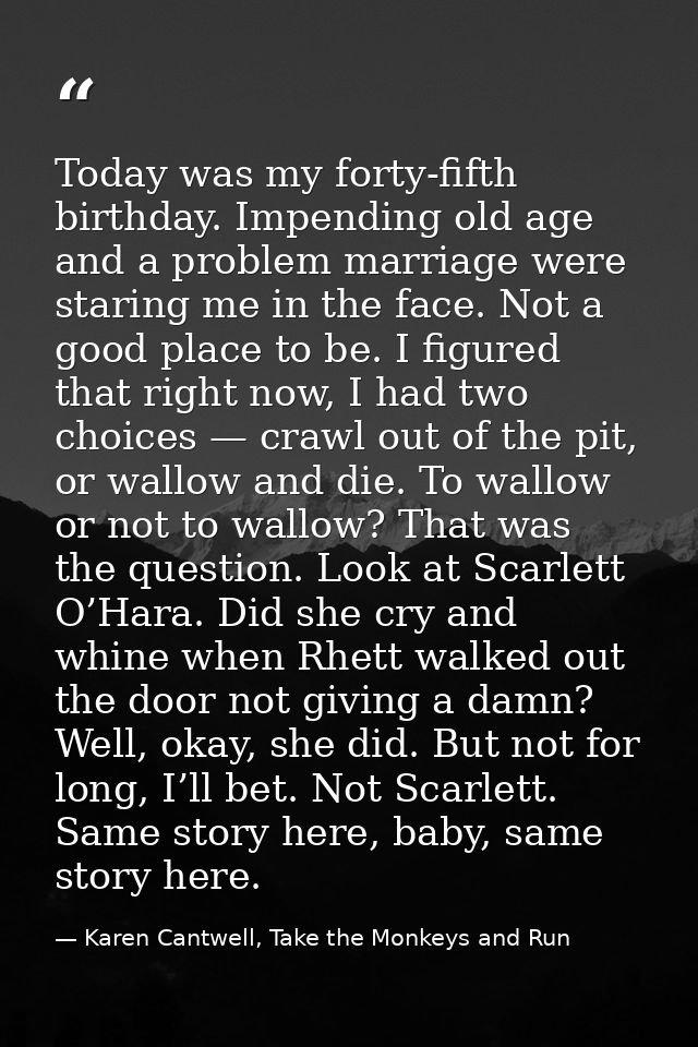 Today was my forty-fifth birthday. Impending old age and a problem marriage were staring me in the face. Not a good plac — Karen Cantwell, Take the Monkeys and Run