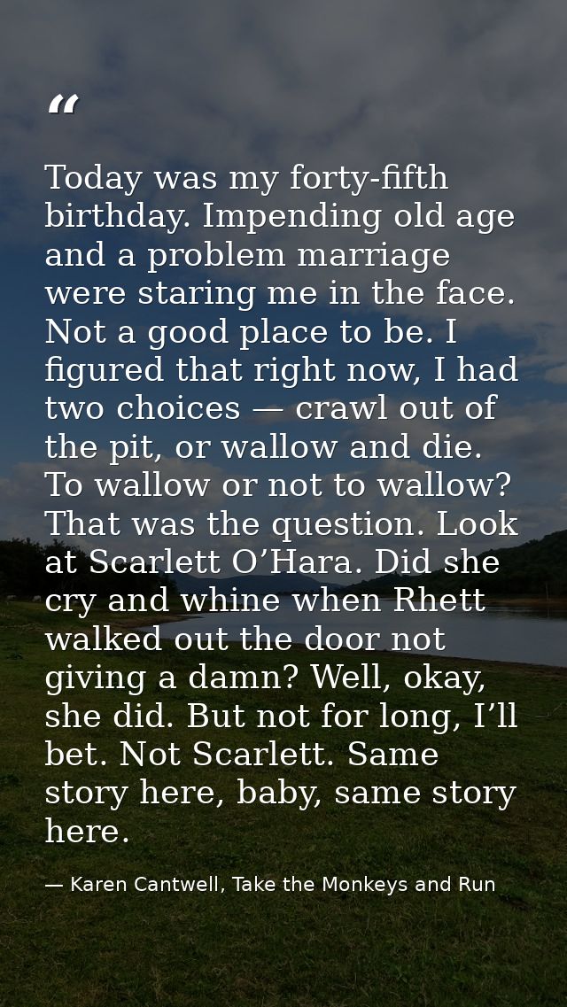 Today was my forty-fifth birthday. Impending old age and a problem marriage were staring me in the face. Not a good plac — Karen Cantwell, Take the Monkeys and Run