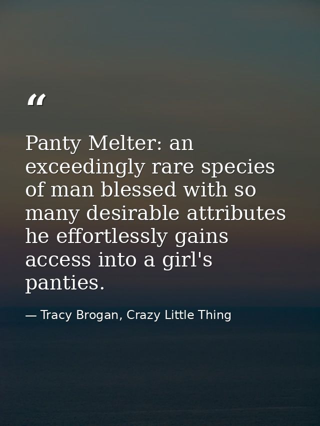 Panty Melter: an exceedingly rare species of man blessed with so many desirable attributes he effortlessly gains access  — Tracy Brogan, Crazy Little Thing