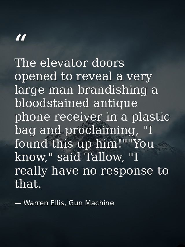 The elevator doors opened to reveal a very large man brandishing a bloodstained antique phone receiver in a plastic bag  — Warren Ellis, Gun Machine
