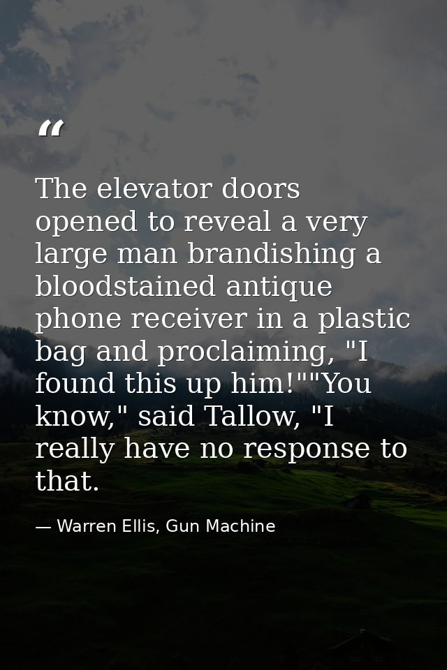 The elevator doors opened to reveal a very large man brandishing a bloodstained antique phone receiver in a plastic bag  — Warren Ellis, Gun Machine