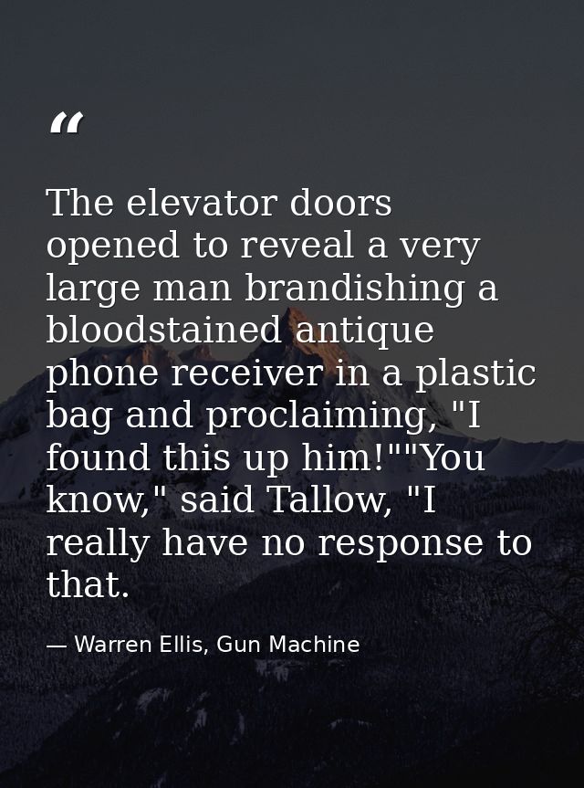 The elevator doors opened to reveal a very large man brandishing a bloodstained antique phone receiver in a plastic bag  — Warren Ellis, Gun Machine