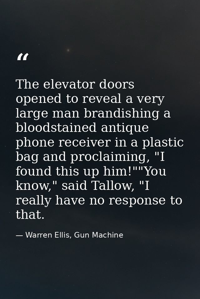 The elevator doors opened to reveal a very large man brandishing a bloodstained antique phone receiver in a plastic bag  — Warren Ellis, Gun Machine