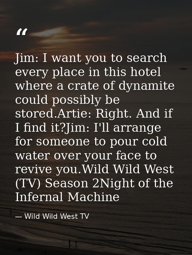 Jim: I want you to search every place in this hotel where a crate of dynamite could possibly be stored.Artie: Right. And — Wild Wild West TV
