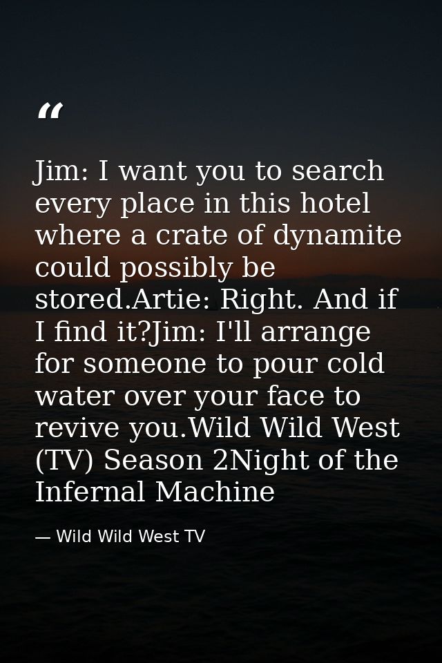 Jim: I want you to search every place in this hotel where a crate of dynamite could possibly be stored.Artie: Right. And — Wild Wild West TV