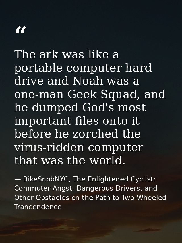 The ark was like a portable computer hard drive and Noah was a one-man Geek Squad, and he dumped God's most important fi — BikeSnobNYC, The Enlightened Cyclist: Commuter Angst, Dangerous Drivers, and Other Obstacles on the Path to Two-Wheeled Trancendence