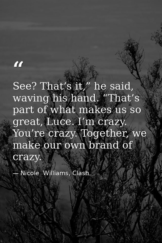See? That’s it,” he said, waving his hand. “That’s part of what makes us so great, Luce. I’m crazy. You’re crazy. Togeth — Nicole  Williams, Clash