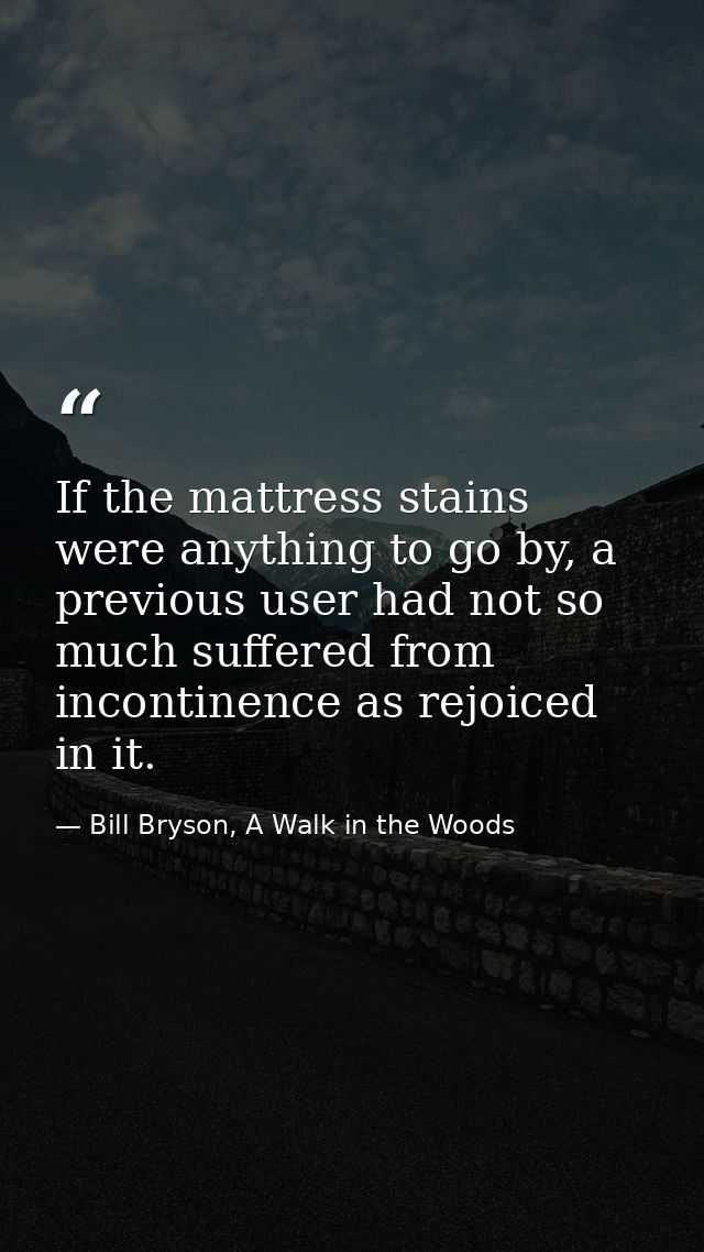 If the mattress stains were anything to go by, a previous user had not so much suffered from incontinence as rejoiced in — Bill Bryson, A Walk in the Woods
