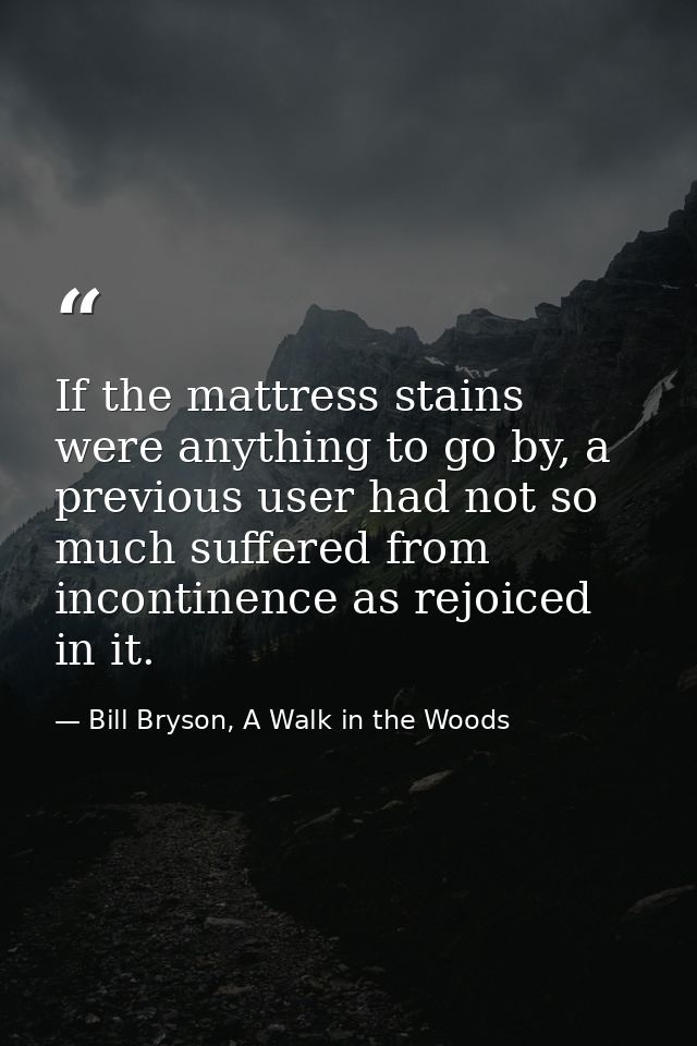 If the mattress stains were anything to go by, a previous user had not so much suffered from incontinence as rejoiced in — Bill Bryson, A Walk in the Woods