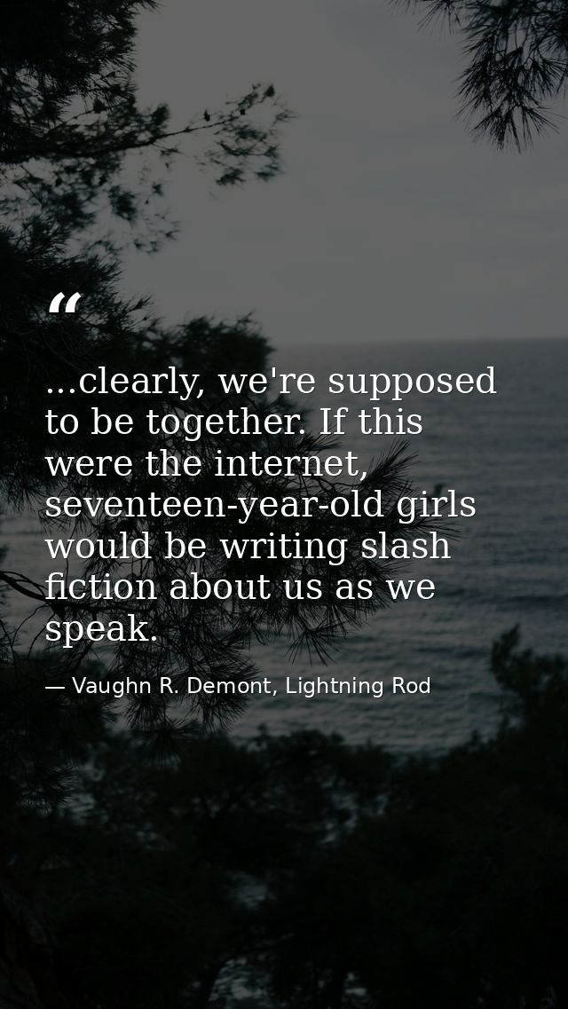 ...clearly, we're supposed to be together. If this were the internet, seventeen-year-old girls would be writing slash fi — Vaughn R. Demont, Lightning Rod