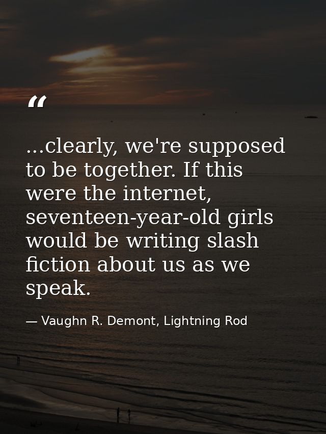 ...clearly, we're supposed to be together. If this were the internet, seventeen-year-old girls would be writing slash fi — Vaughn R. Demont, Lightning Rod