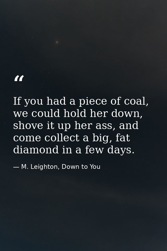 If you had a piece of coal, we could hold her down, shove it up her ass, and come collect a big, fat diamond in a few da — M. Leighton, Down to You