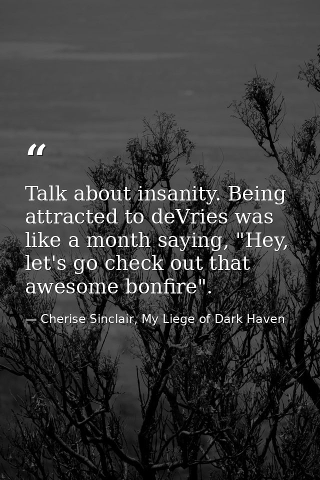 Talk about insanity. Being attracted to deVries was like a month saying, "Hey, let's go check out that awesome bonfire". — Cherise Sinclair, My Liege of Dark Haven