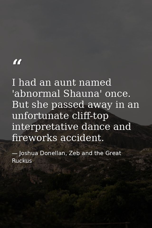 I had an aunt named 'abnormal Shauna' once. But she passed away in an unfortunate cliff-top interpretative dance and fir — Joshua Donellan, Zeb and the Great Ruckus