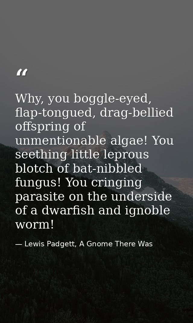 Why, you boggle-eyed, flap-tongued, drag-bellied offspring of unmentionable algae! You seething little leprous blotch of — Lewis Padgett, A Gnome There Was