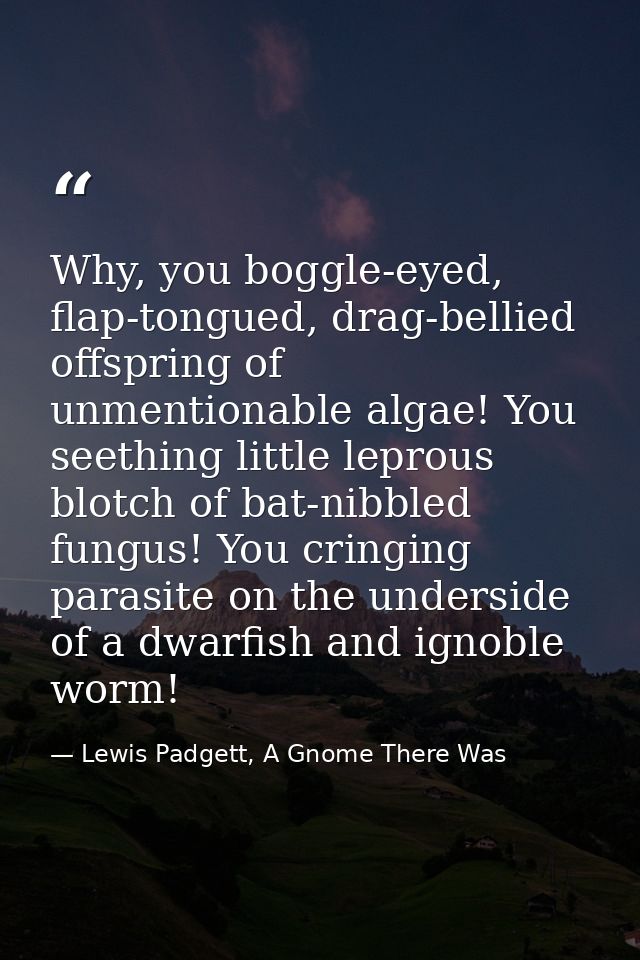Why, you boggle-eyed, flap-tongued, drag-bellied offspring of unmentionable algae! You seething little leprous blotch of — Lewis Padgett, A Gnome There Was