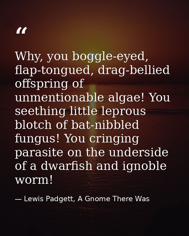 Why, you boggle-eyed, flap-tongued, drag-bellied offspring of unmentionable algae! You seething little leprous blotch of — Lewis Padgett, A Gnome There Was