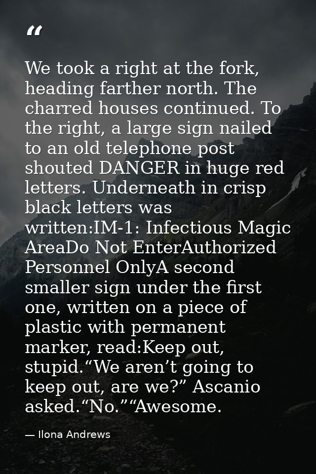 We took a right at the fork, heading farther north. The charred houses continued. To the right, a large sign nailed to a — Ilona Andrews