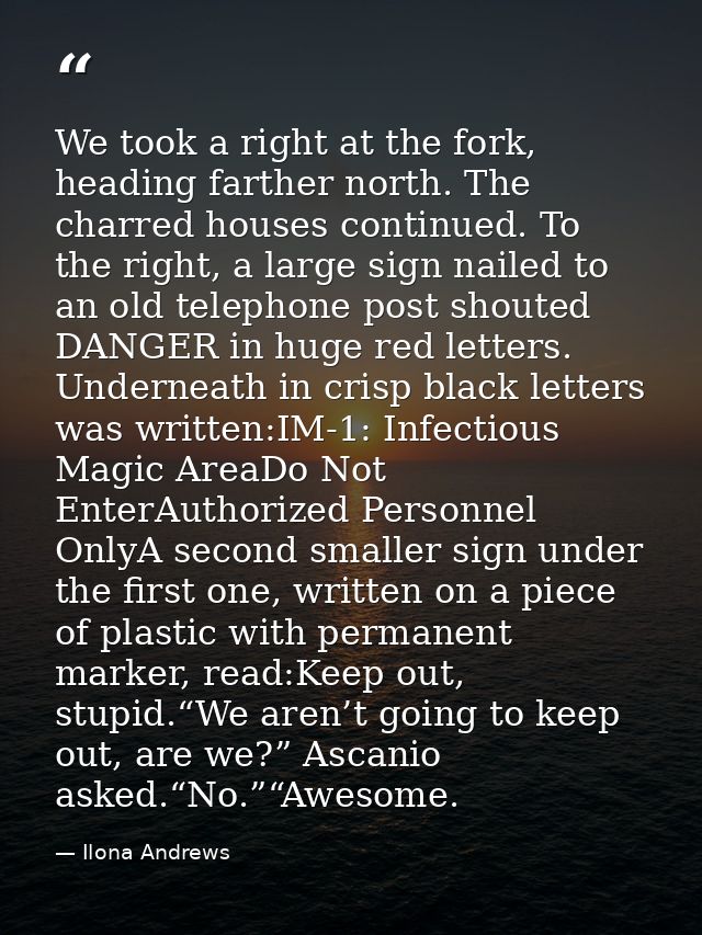We took a right at the fork, heading farther north. The charred houses continued. To the right, a large sign nailed to a — Ilona Andrews
