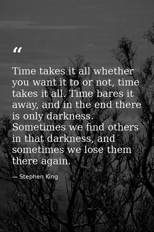 Time takes it all whether you want it to or not, time takes it all. Time bares it away, and in the end there is only dar — Stephen King