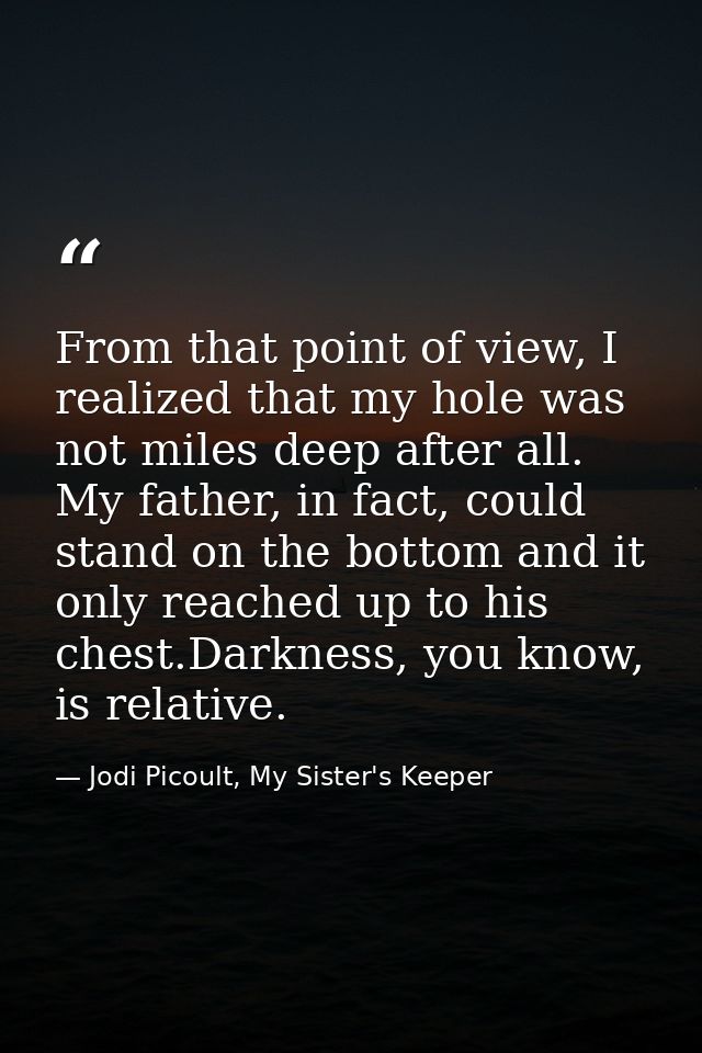 From that point of view, I realized that my hole was not miles deep after all. My father, in fact, could stand on the bo — Jodi Picoult, My Sister's Keeper