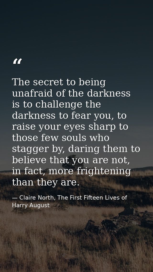 The secret to being unafraid of the darkness is to challenge the darkness to fear you, to raise your eyes sharp to those — Claire North, The First Fifteen Lives of Harry August