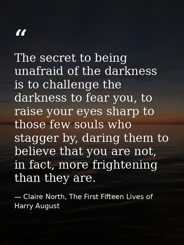 The secret to being unafraid of the darkness is to challenge the darkness to fear you, to raise your eyes sharp to those — Claire North, The First Fifteen Lives of Harry August